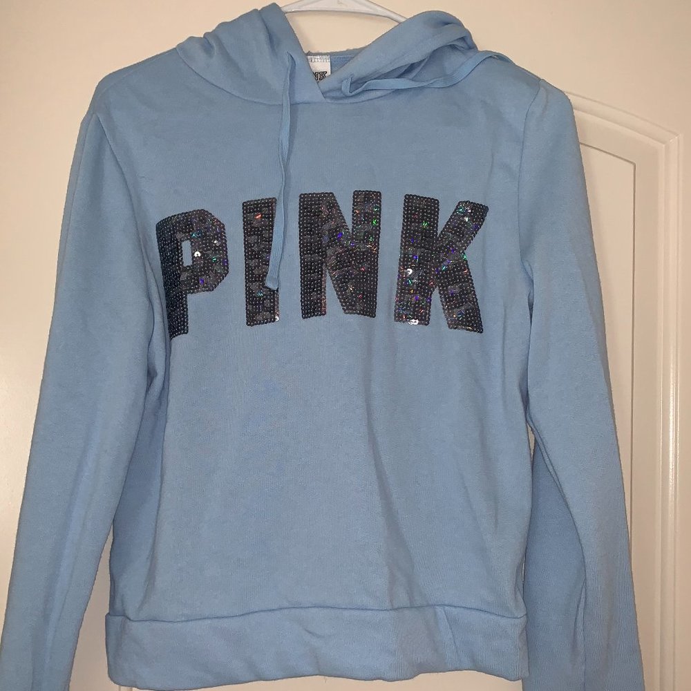 victoria's secret pink light blue cropped hoodie with sequins